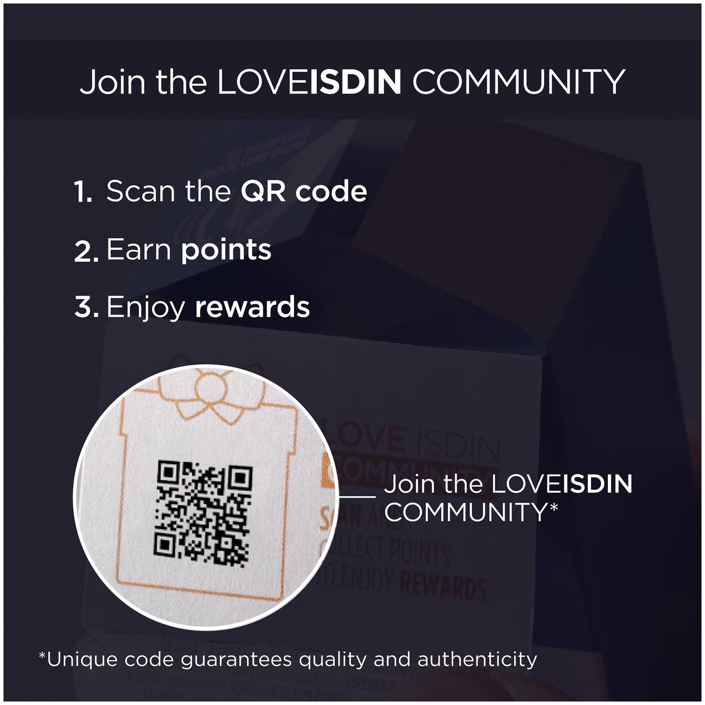 Promotional graphic for the LOVEISDIN community with QR code and text on a dark background