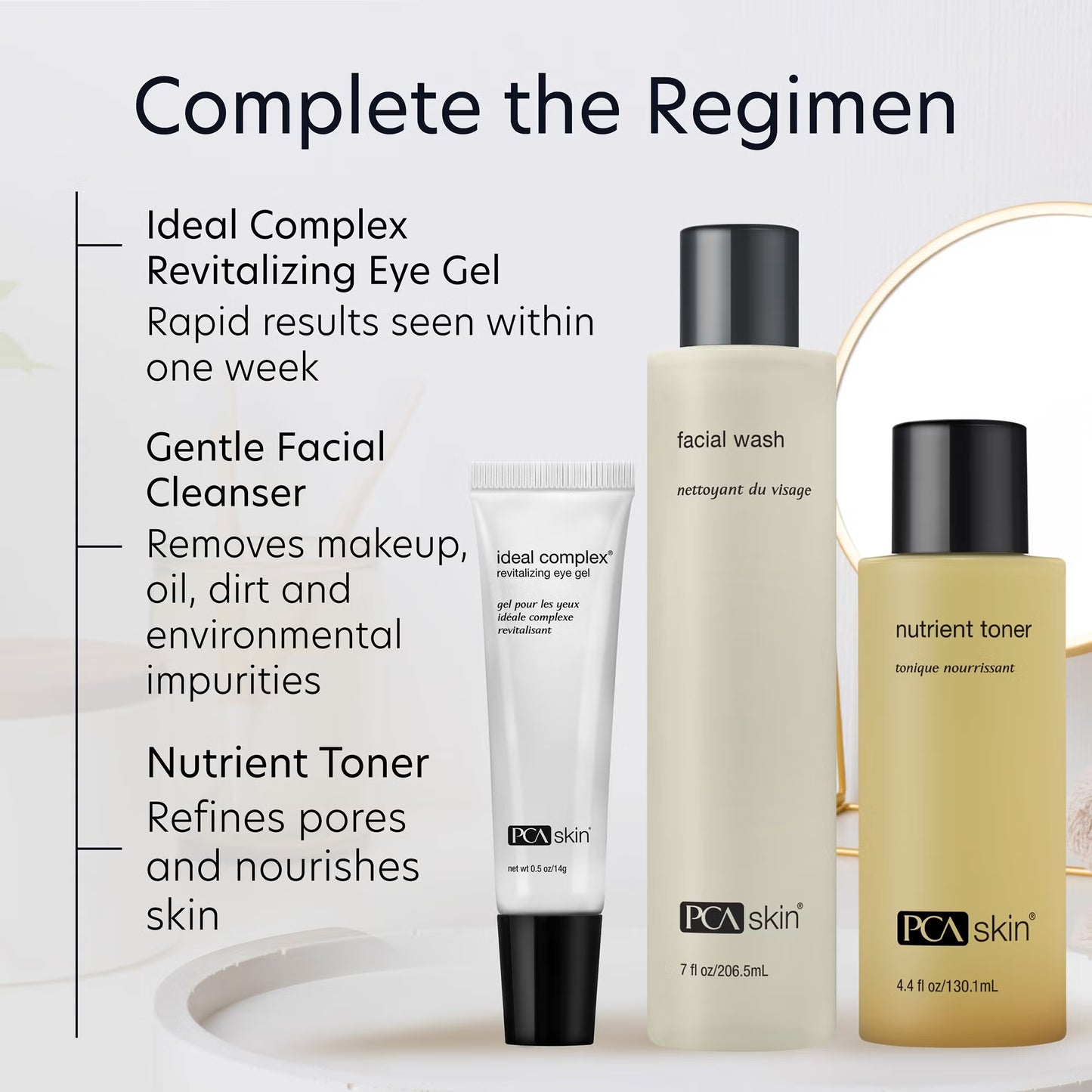 PCA Skin skincare products with text describing their uses on a light background