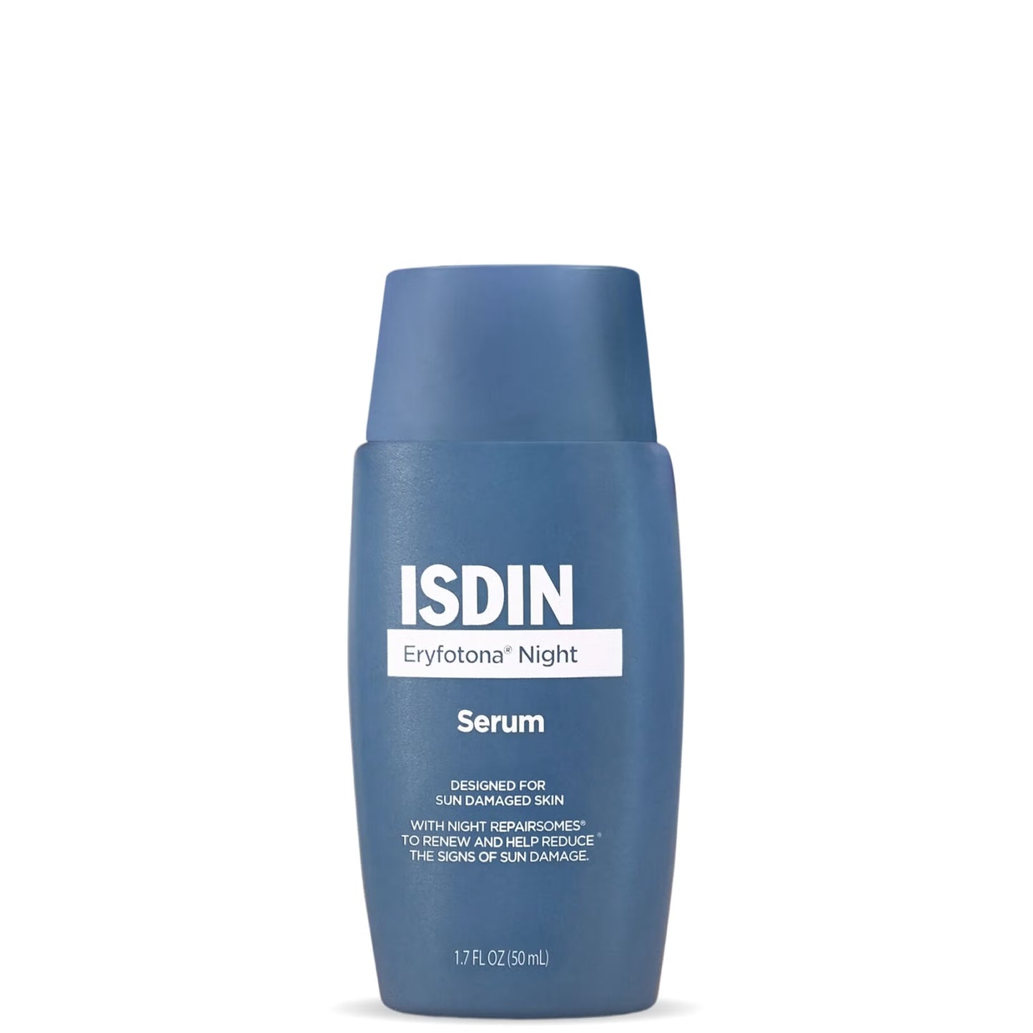 Blue serum bottle with ISDIN branding on a white background