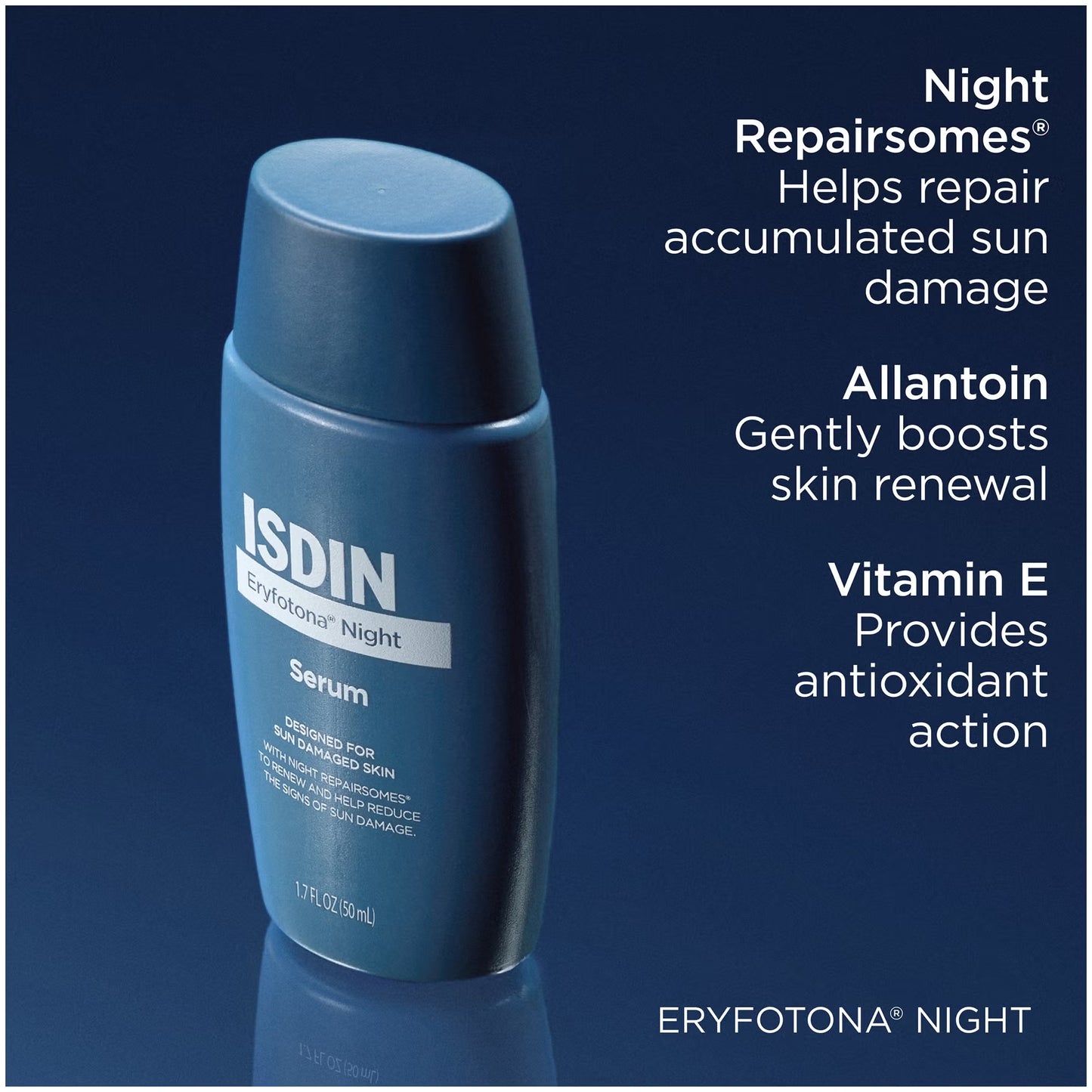 Blue serum bottle with ISDIN branding on a dark blue background