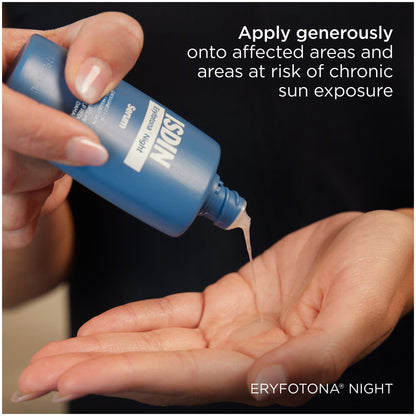 Person applying sunscreen cream from a blue bottle onto their palm with text on chronic sun exposure.