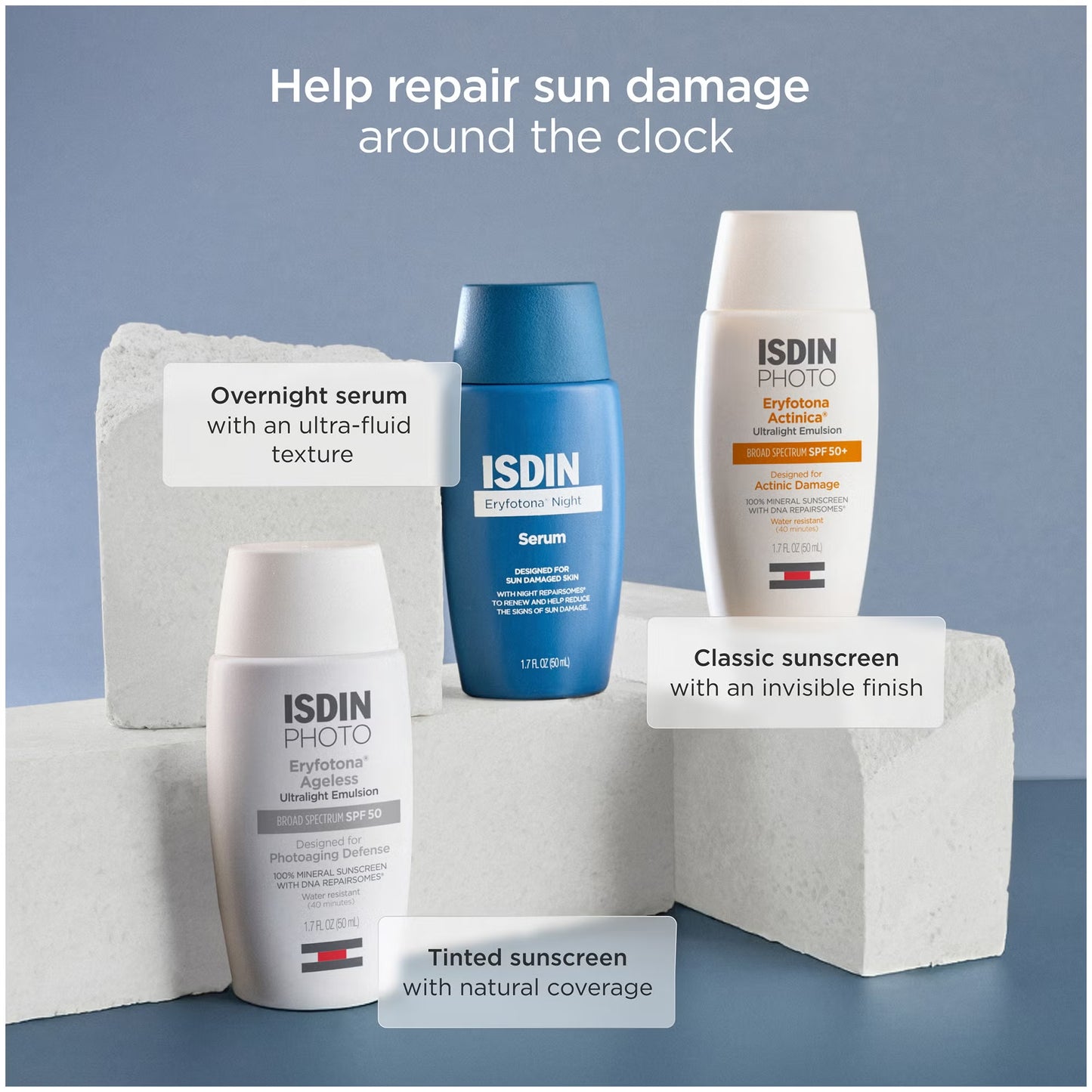 ISDIN skincare products including serum, emulsion, and sunscreen on a gray background with text about repairing sun damage.