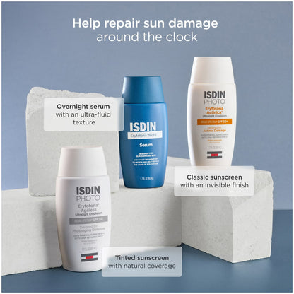 ISDIN skincare products including serum, emulsion, and sunscreen on a gray background with text about repairing sun damage.