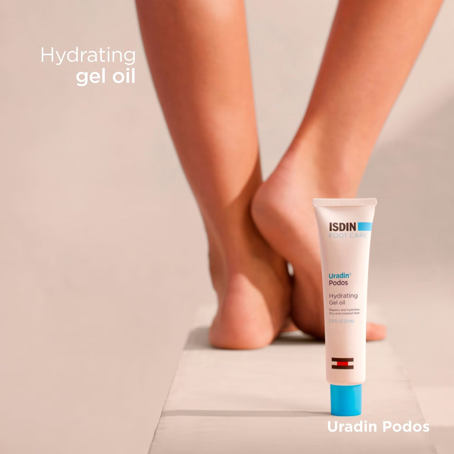 Isdin Uradin Podos hydrating gel oil tube with legs in the background