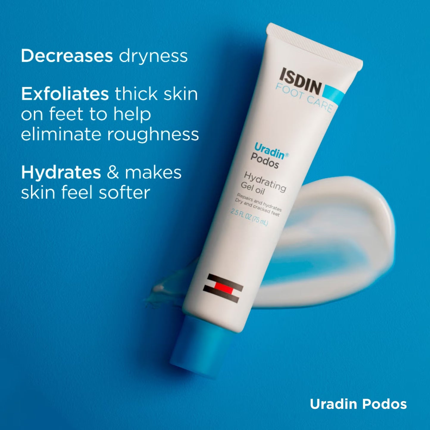 Isdin Uradin Podos hydrating gel on a blue background with product description text.