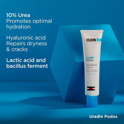 ISDIN Uradin Podos hydrating gel oil on a blue background with product details.
