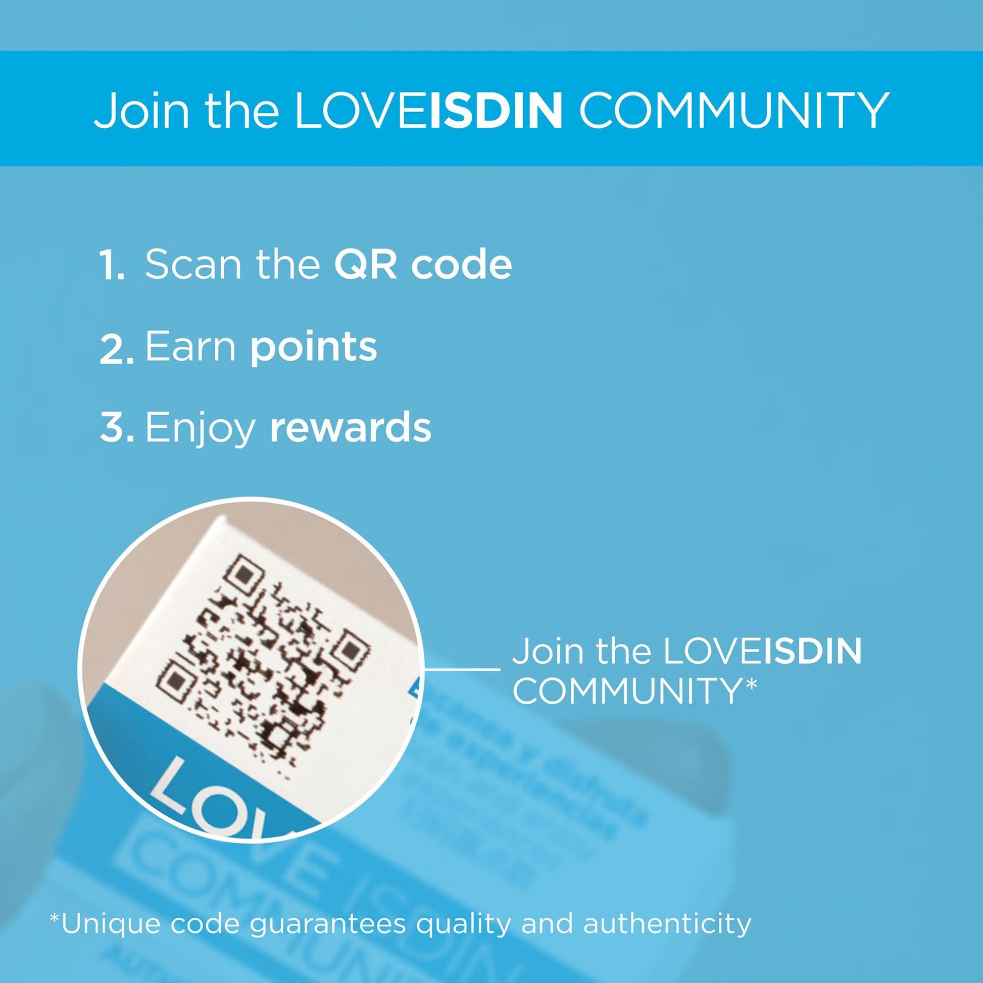 Promotional graphic for JOIN THE LOVEISDIN COMMUNITY with QR code and smartphone illustration on blue background