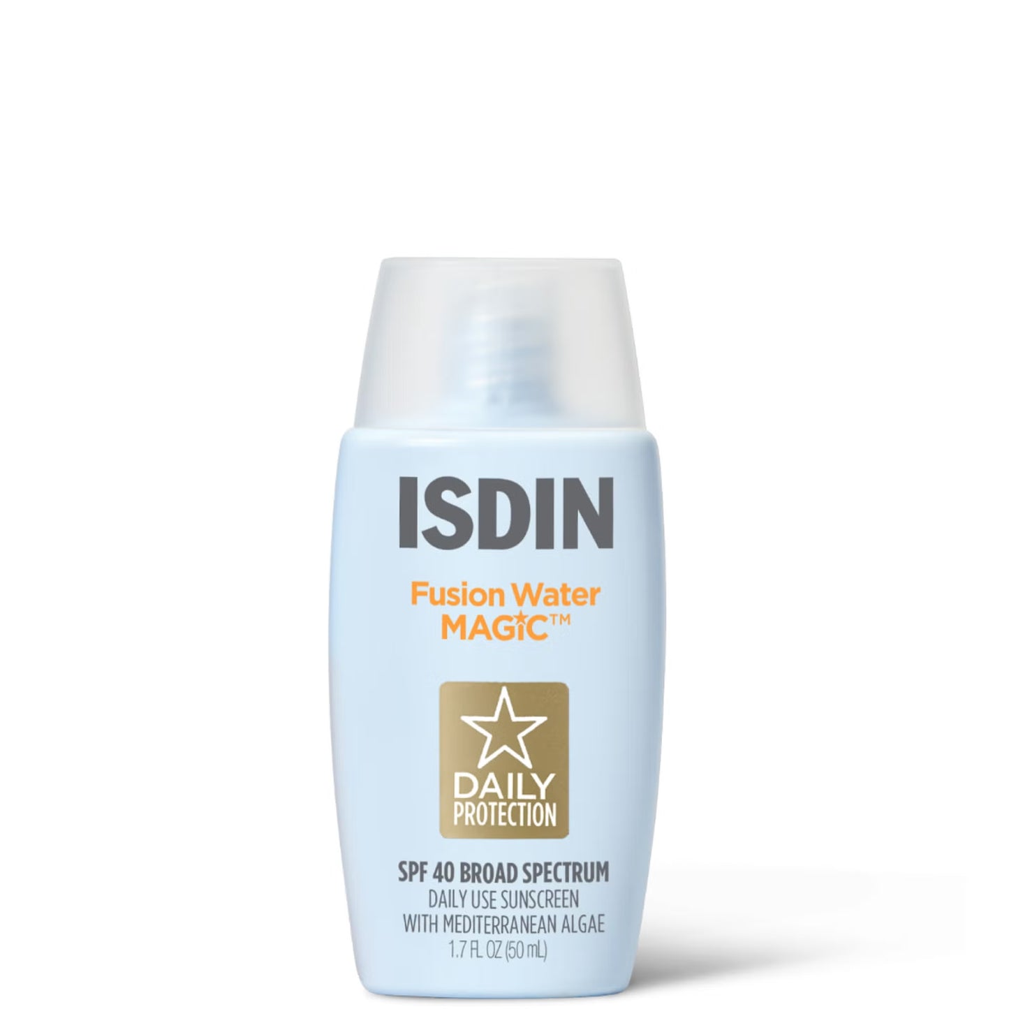 ISDIN Fusion Water MAGIC sunscreen bottle on a white background