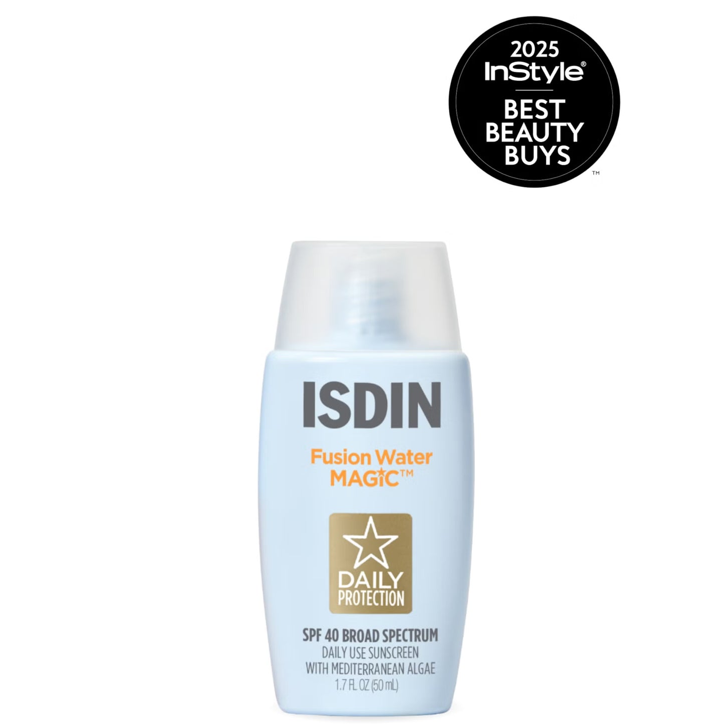 ISDIN Fusion Water Magic sunscreen bottle with InStyle 2025 Best Beauty Buys badge on a white background