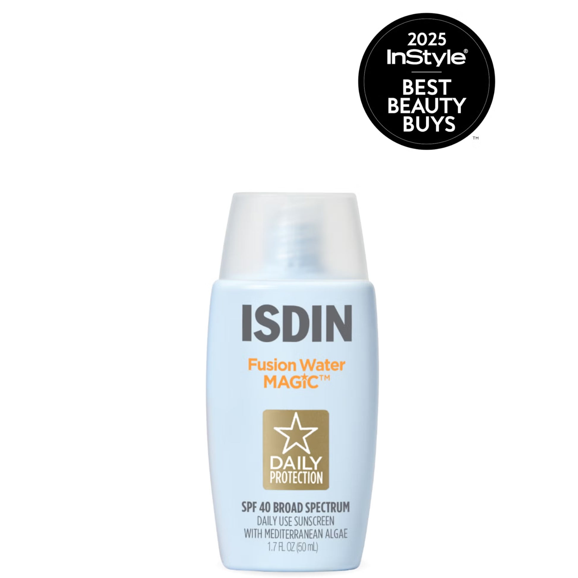 ISDIN Fusion Water Magic sunscreen bottle with InStyle 2025 Best Beauty Buys badge on a white background