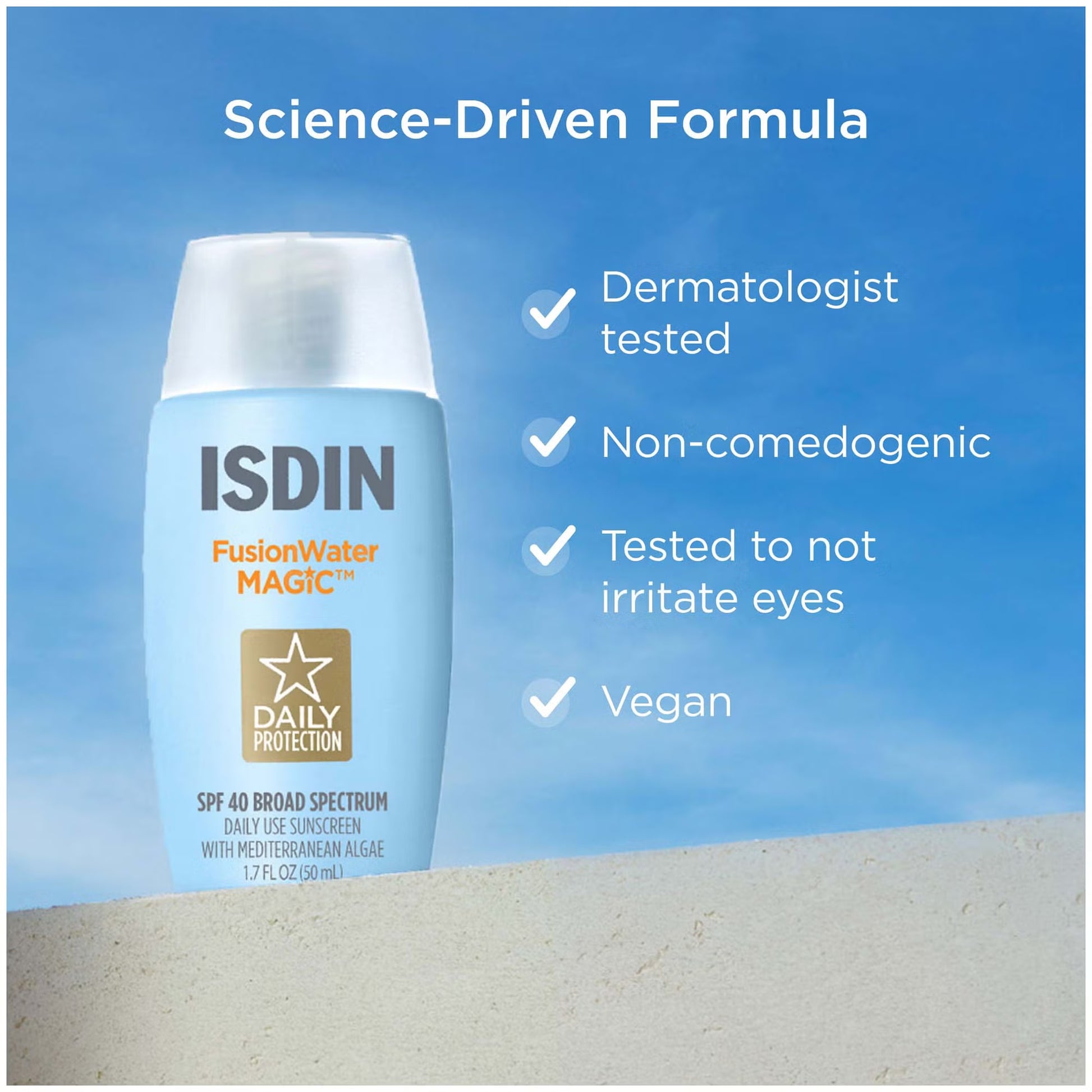 ISDIN FusionWater MAGIC sunscreen bottle with blue sky background