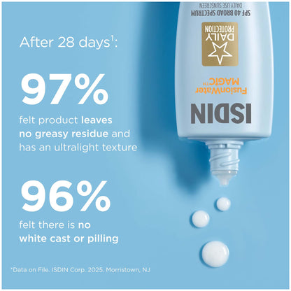 ISDIN facial moisturizer bottle with product performance statistics on a blue background