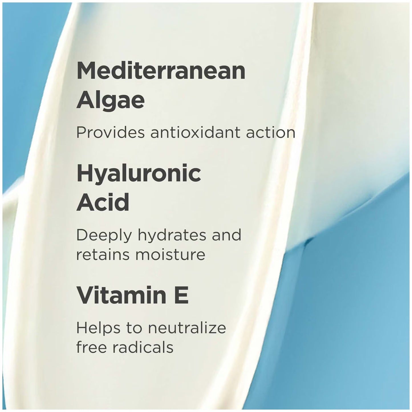 Product label with ingredients like Mediterranean Algae, Hyaluronic Acid, and Vitamin E on a blue background.