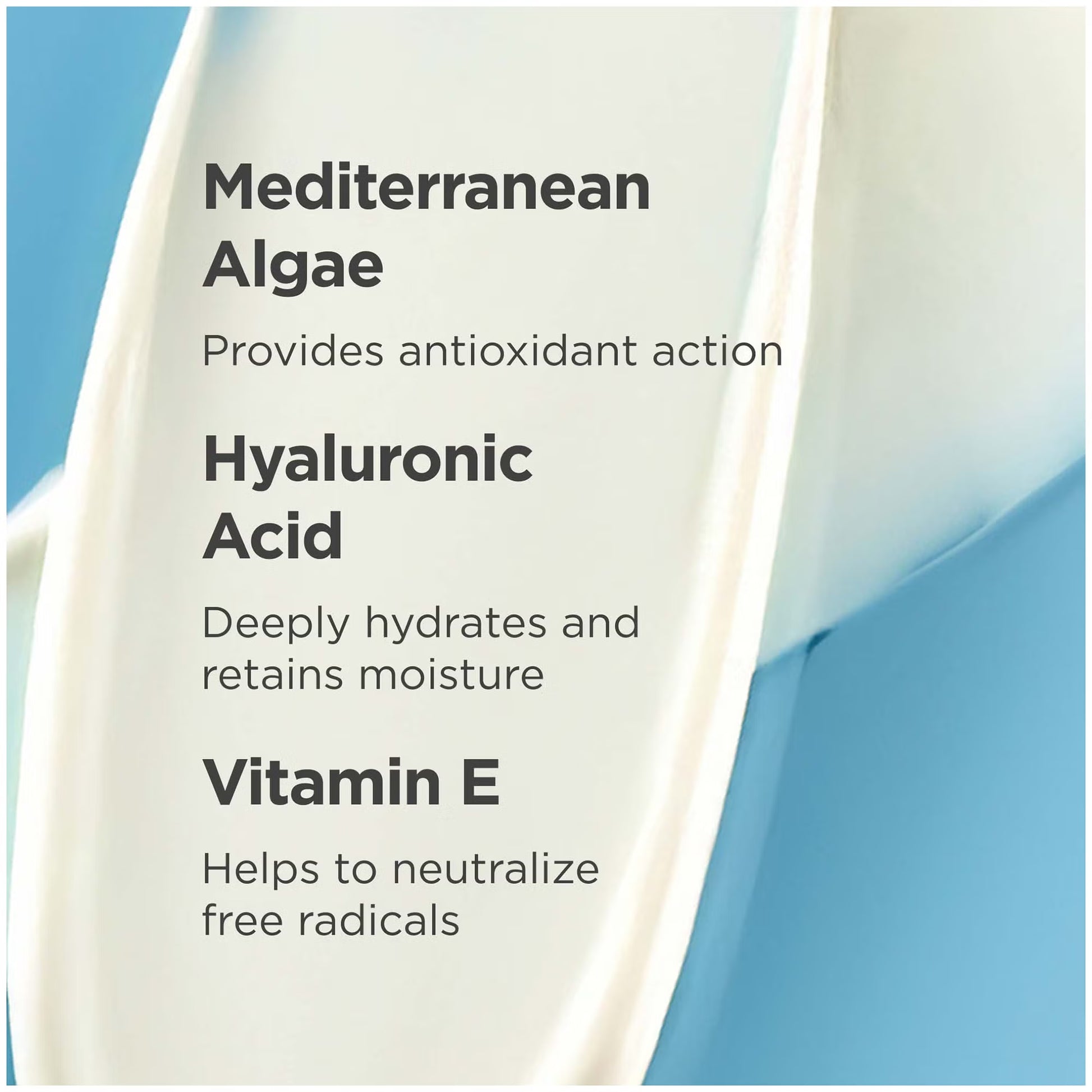 Product label with ingredients like Mediterranean Algae, Hyaluronic Acid, and Vitamin E on a blue background.