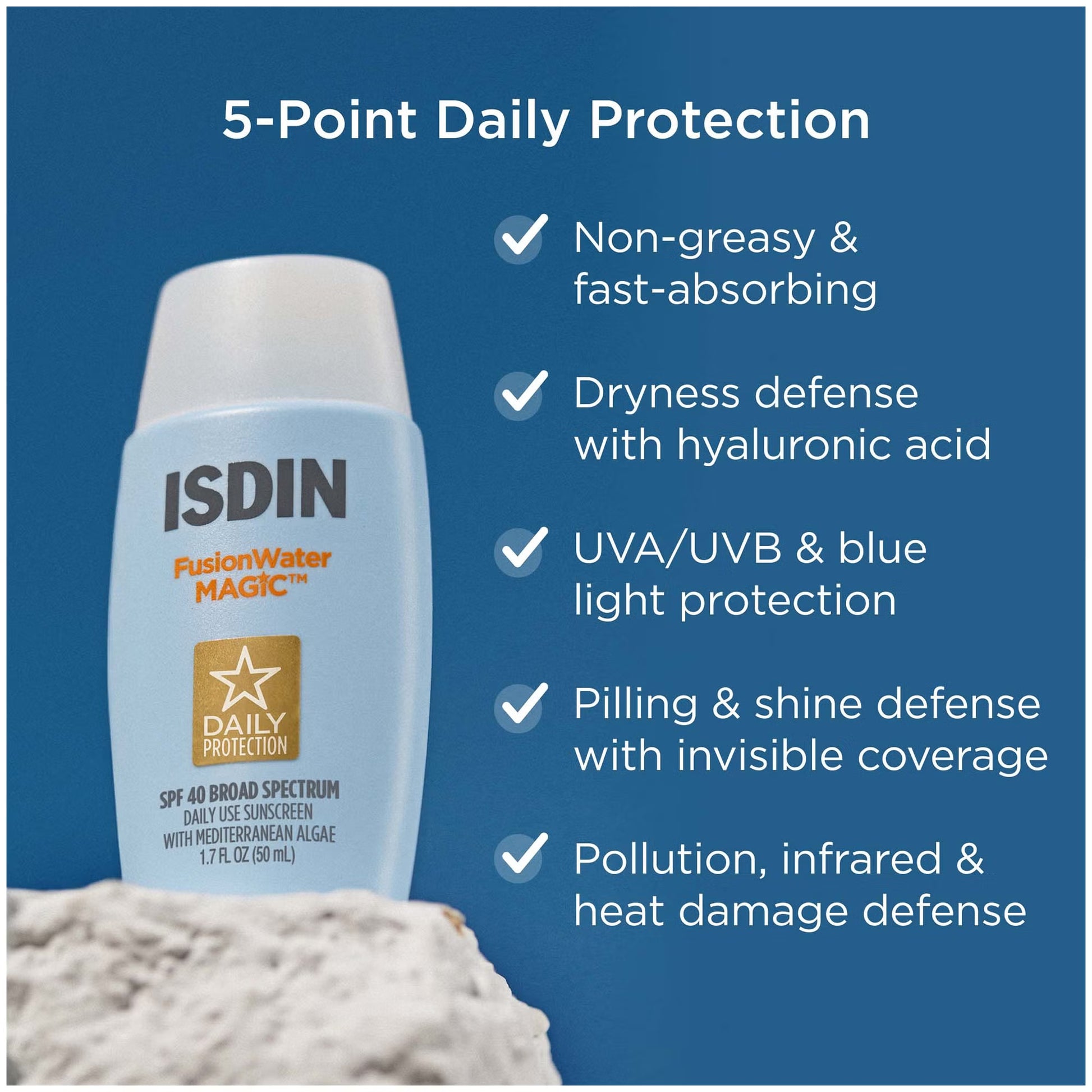 ISDIN FusionWater MAGIC sunscreen bottle with 5-point daily protection features on a blue background