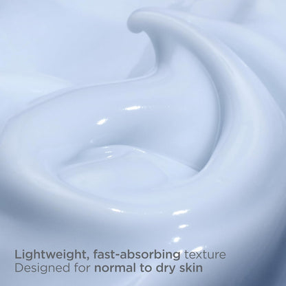 Close-up of a smooth, light blue skincare product texture with text about skin type compatibility.
