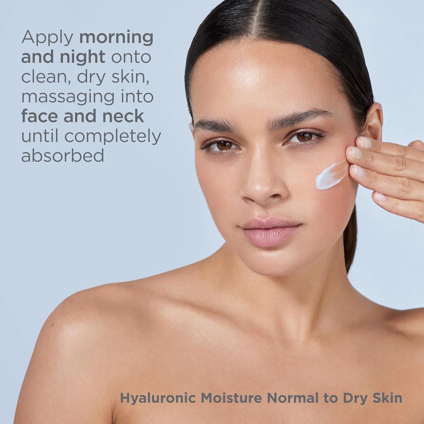 Woman applying cream to her face with text on a light blue background