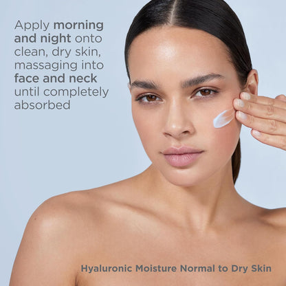 Woman applying cream to her face with text on a light blue background
