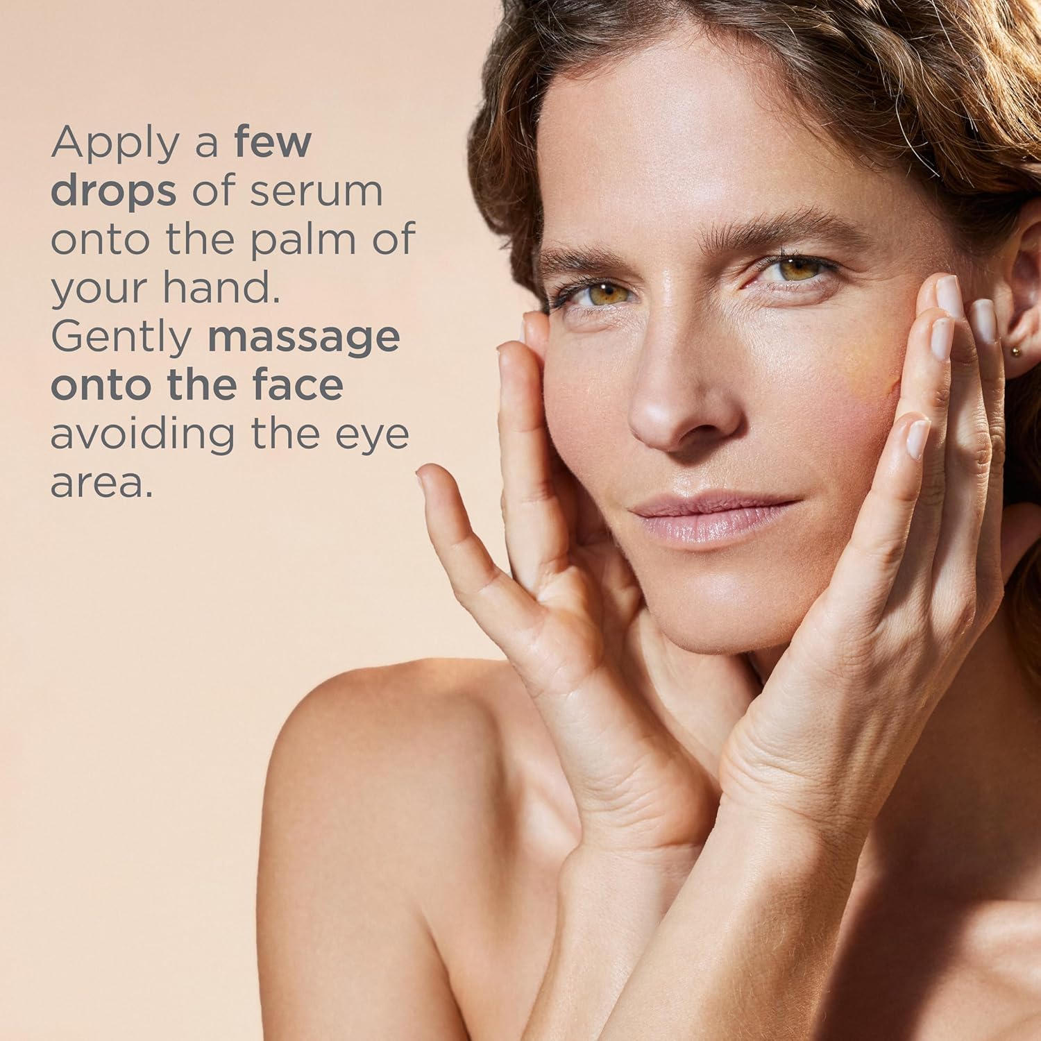 Woman applying serum to her face with text on a beige background