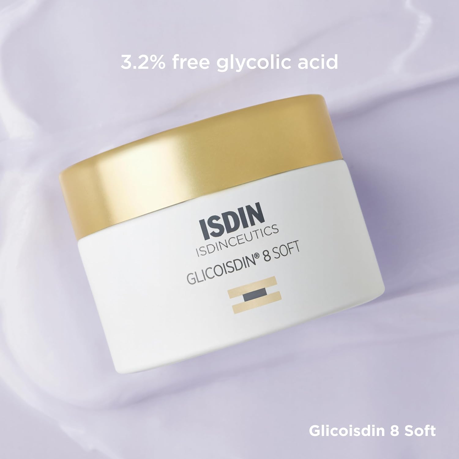 ISDIN skincare product with gold lid on a light purple background