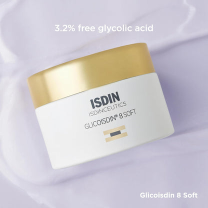 ISDIN skincare product with gold lid on a light purple background