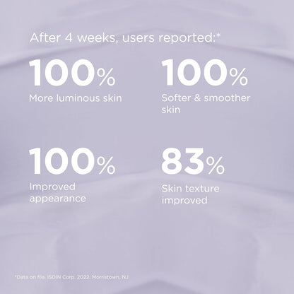 Product packaging with skin care benefits text on a light purple background