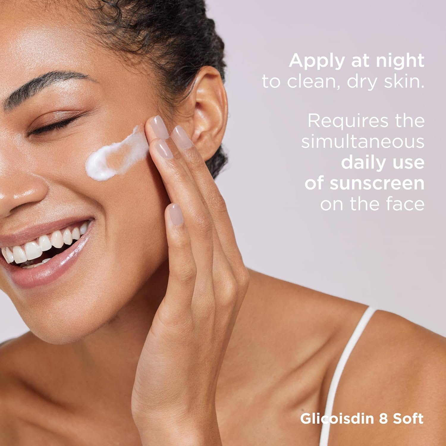 Woman applying cream to her face with text about skincare routine.