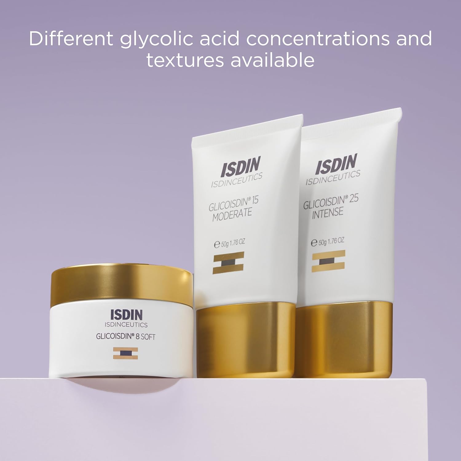ISDIN skincare products with gold and white containers on a light purple background