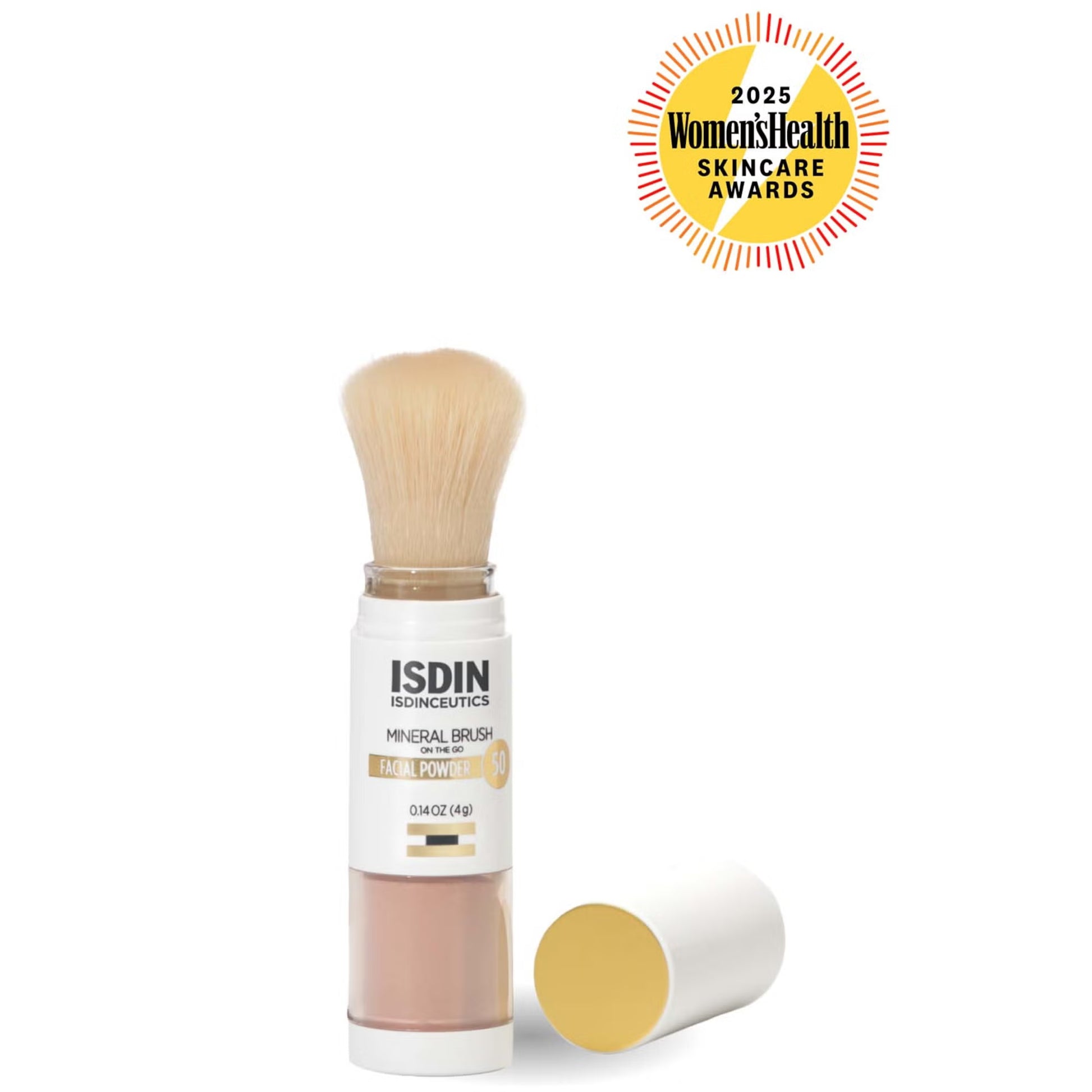 ISDIN mineral brush with facial powder on a white background, featuring the 2025 Women's Health Skincare Awards logo.