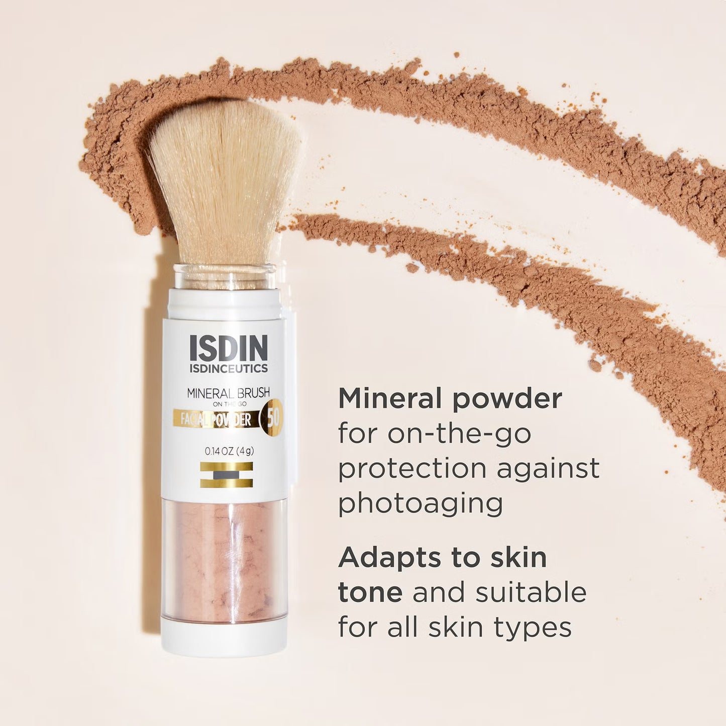 ISDIN mineral powder with brush on a beige background