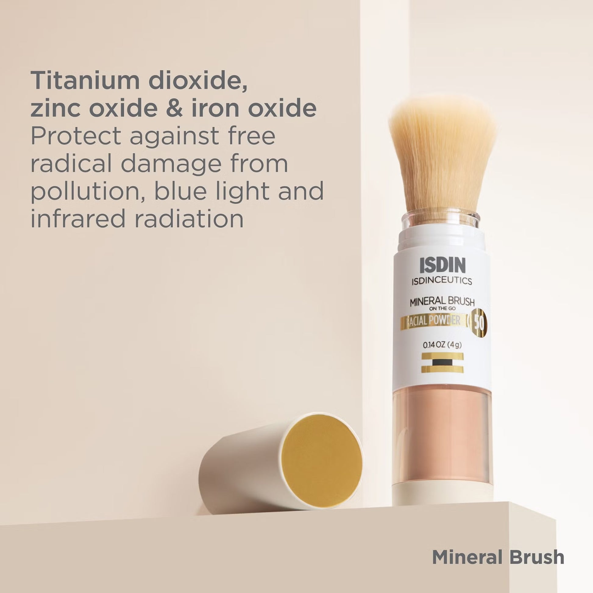 ISDIN cosmetic product with brush on a beige background