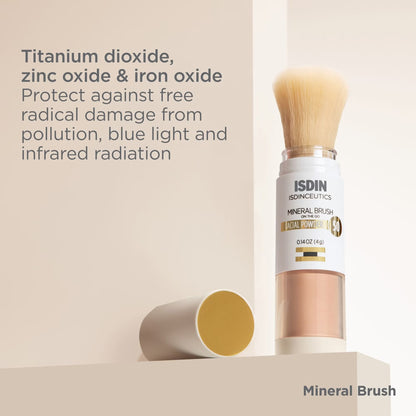 ISDIN cosmetic product with brush on a beige background