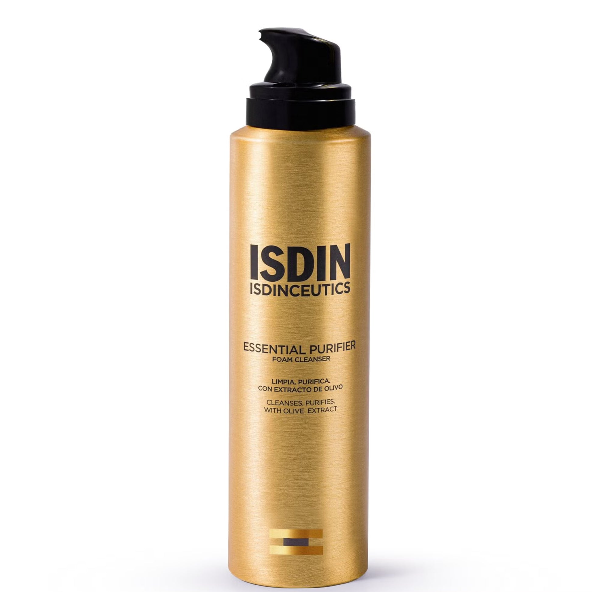 Gold bottle of ISDIN Isdinceutics Essential Purifier on a white background