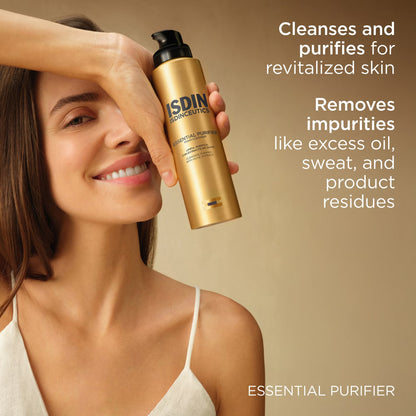 Woman holding a ISDIN bottle with text about skincare benefits on a beige background
