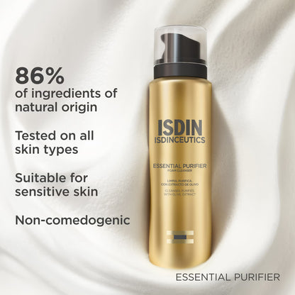 ISDIN skincare product with text about ingredient origin and skin type suitability on a white background