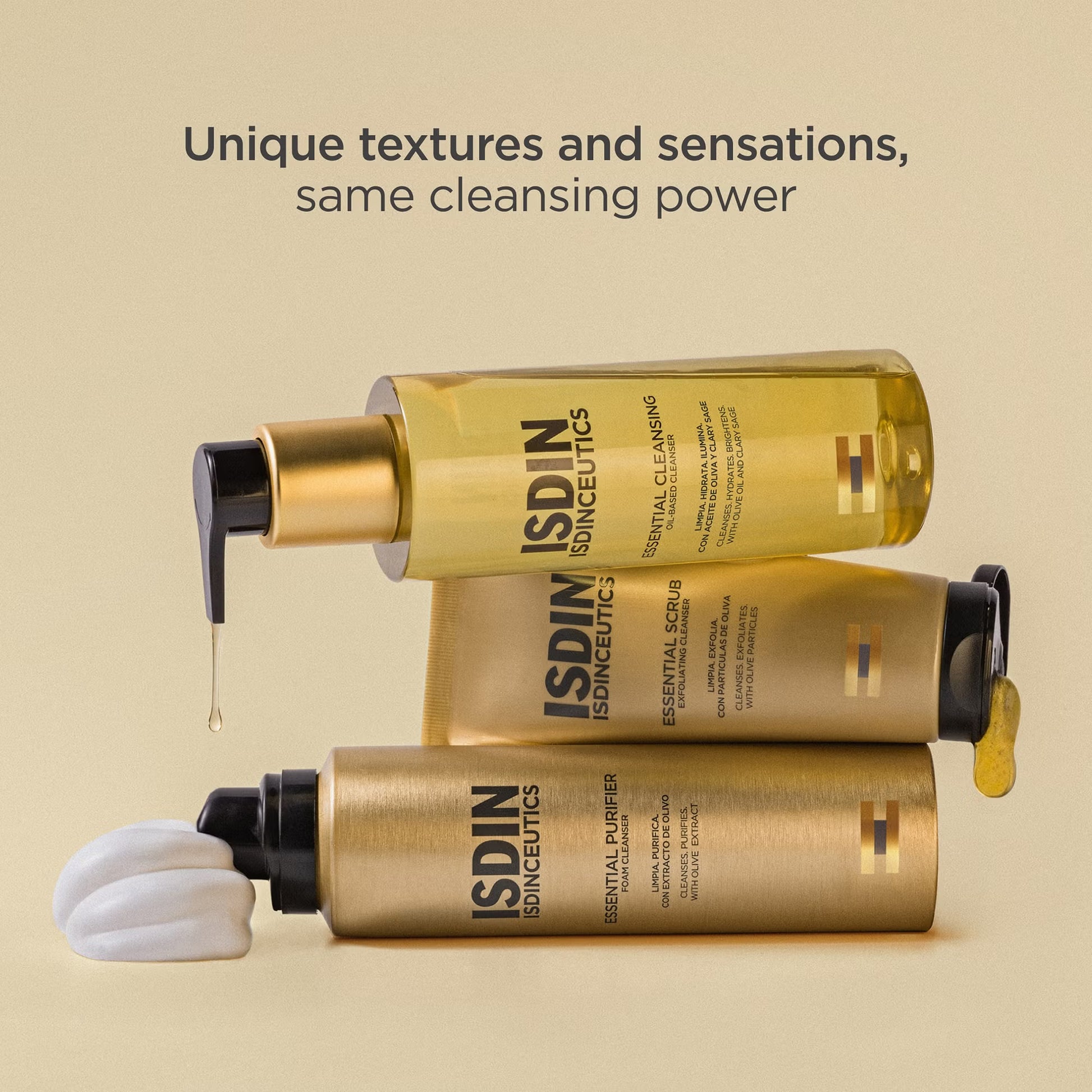 ISDIN skincare products with text 'Unique textures and sensations, same cleansing power' on a beige background