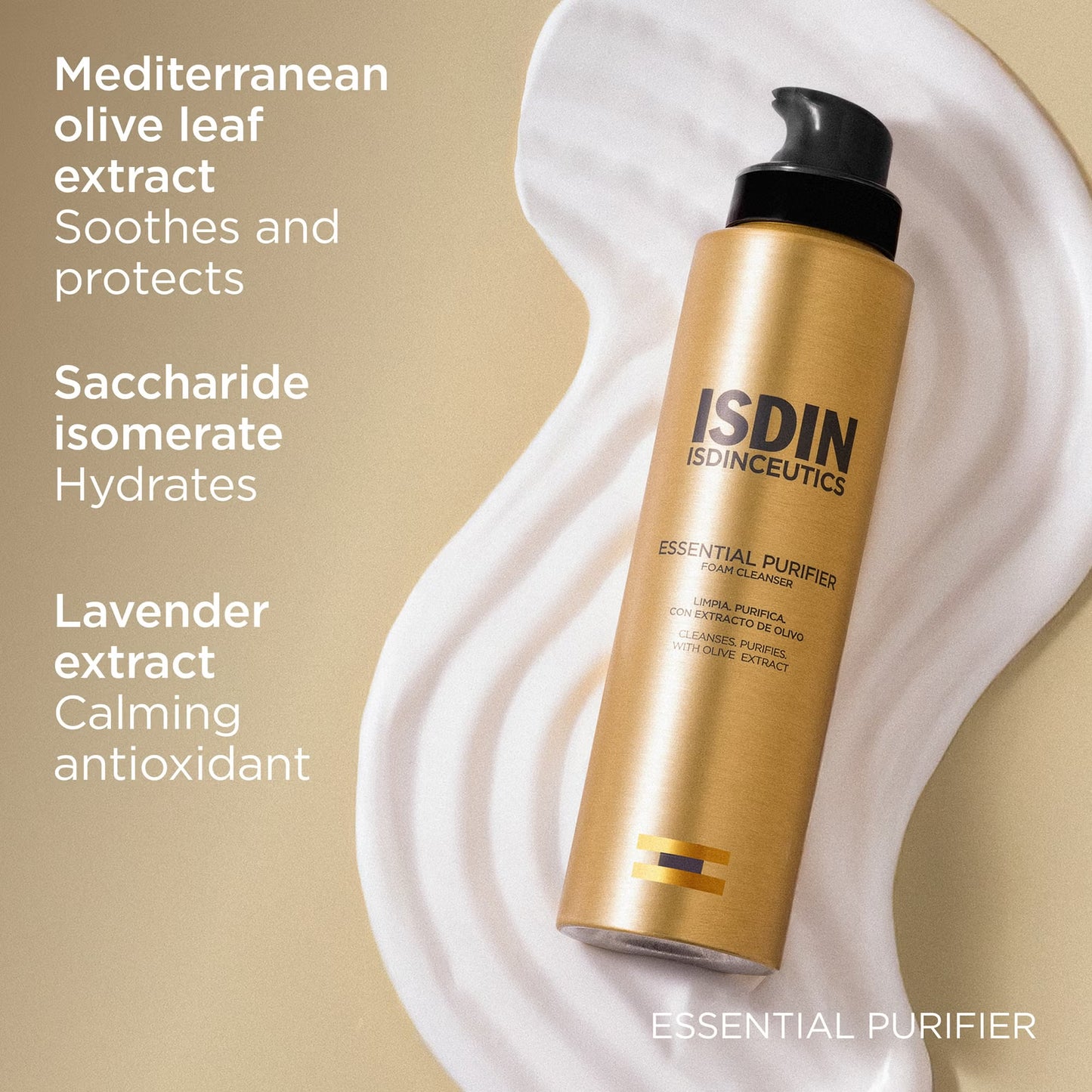 ISDIN Essential Purifier bottle with ingredients listed on a beige background