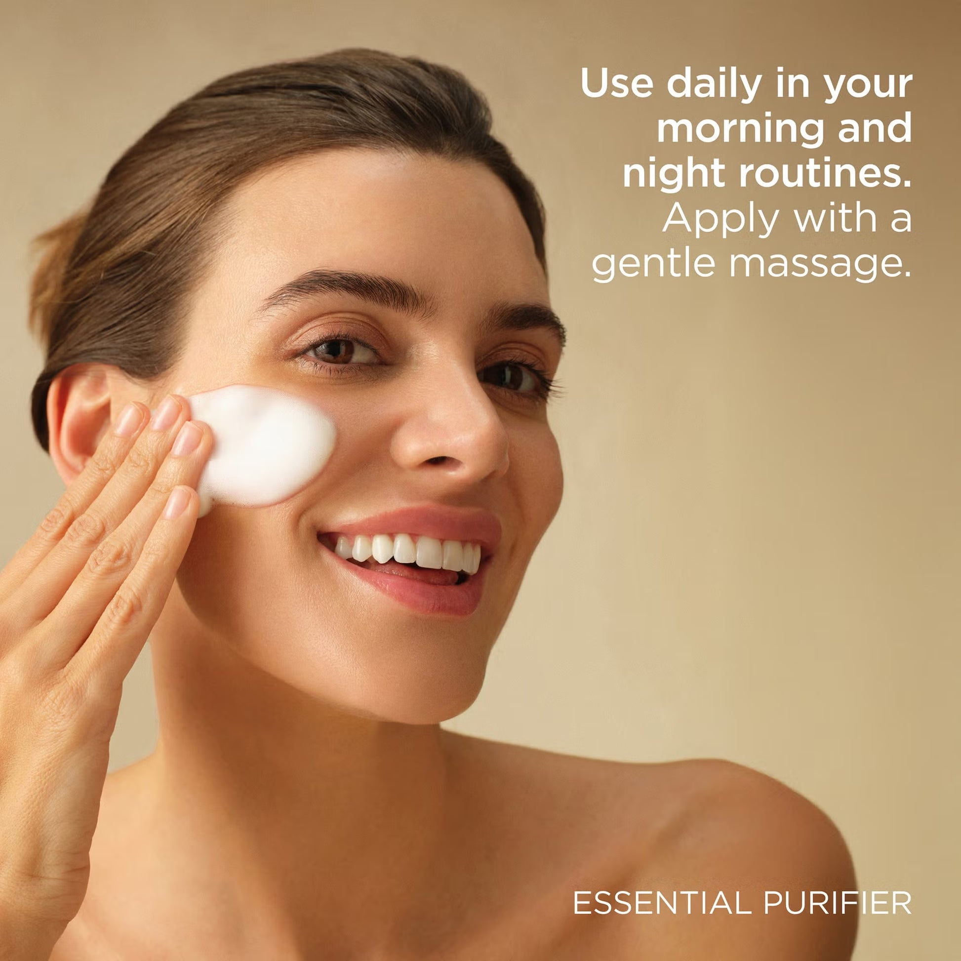 Woman applying cream to her face with a beige background and text about daily use.
