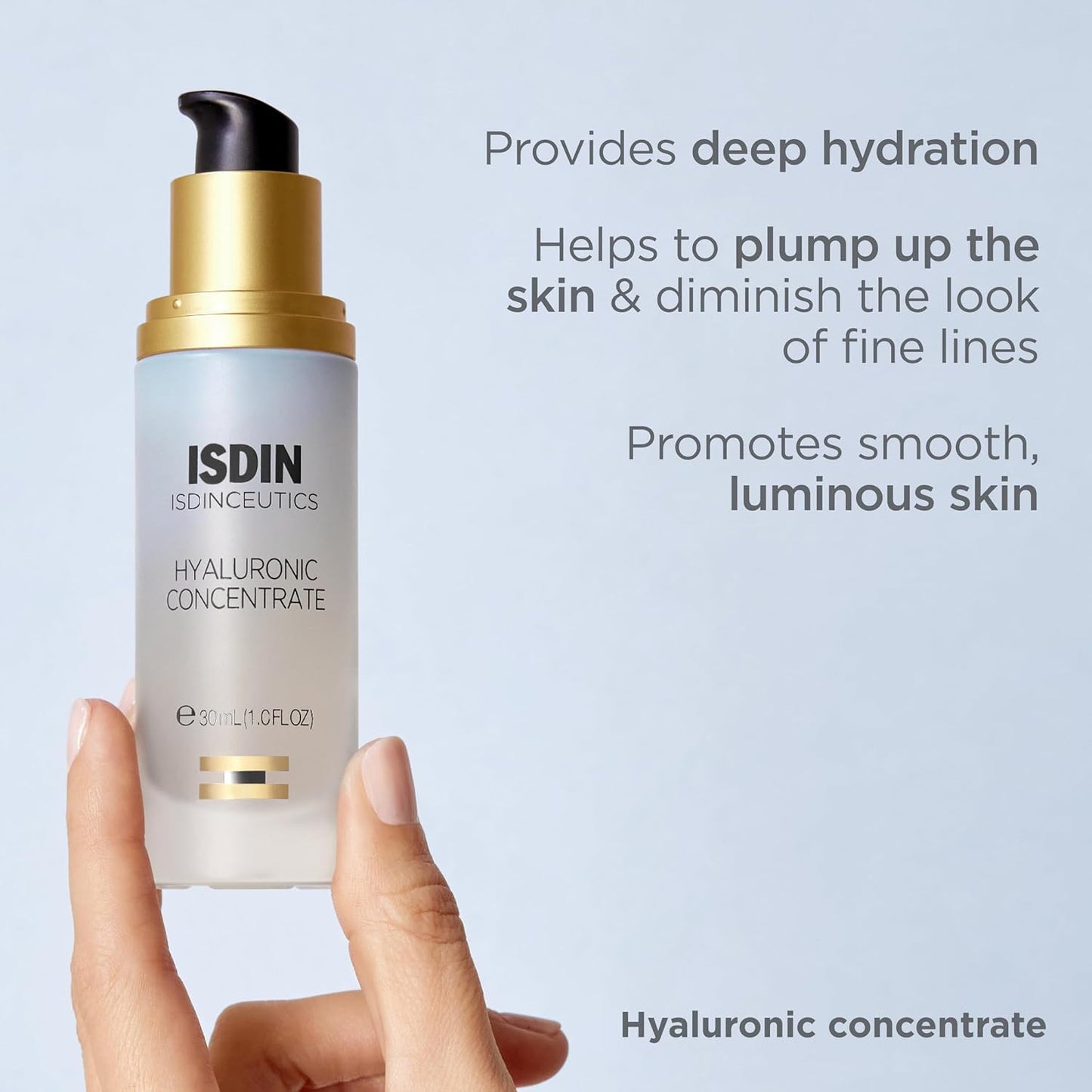 ISDIN skincare product with text on deep hydration, skin plumping, and smooth skin.