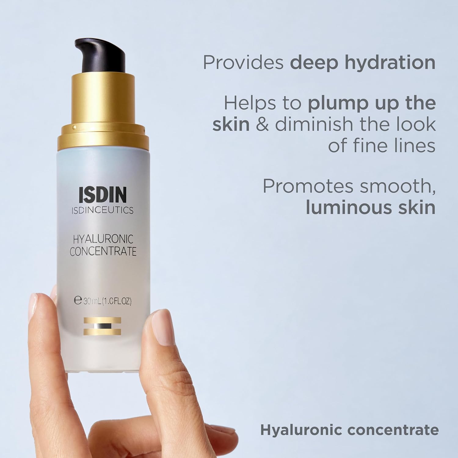 ISDIN skincare product with text on deep hydration, skin plumping, and smooth skin.