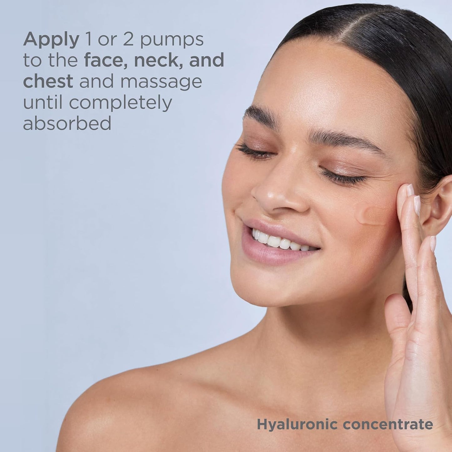 Woman applying a skincare product to her face with text on a light blue background