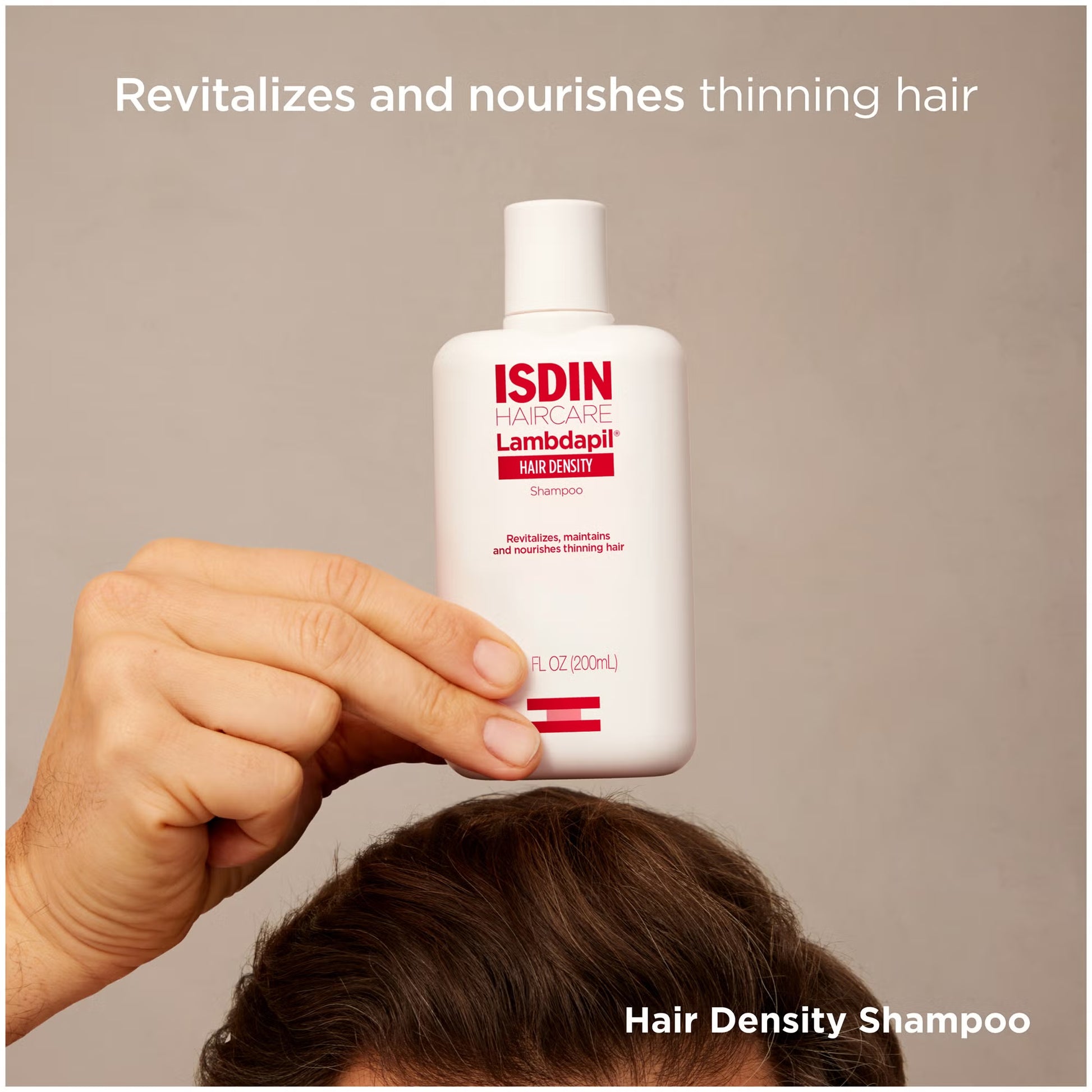 ISDIN Lambdap hair density shampoo bottle held by a hand with text about hair care.