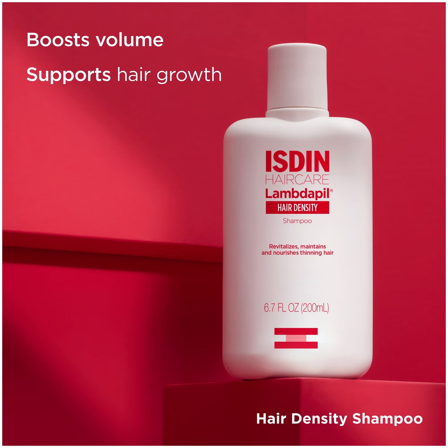 ISDIN Haircare Lambdapil Hair Density Shampoo bottle on a red background