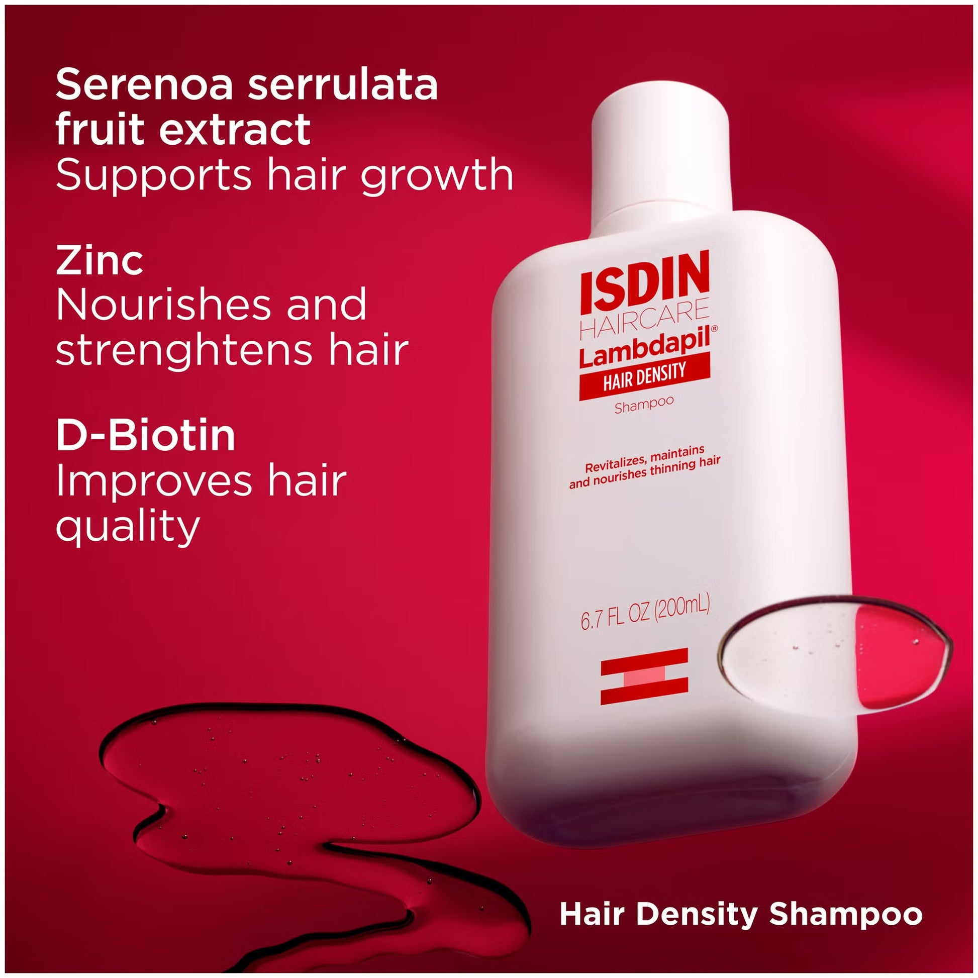 ISDIN Lambdapil Hair Density shampoo bottle on a red background with product benefits listed.