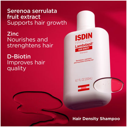 ISDIN Lambdapil Hair Density shampoo bottle on a red background with product benefits listed.