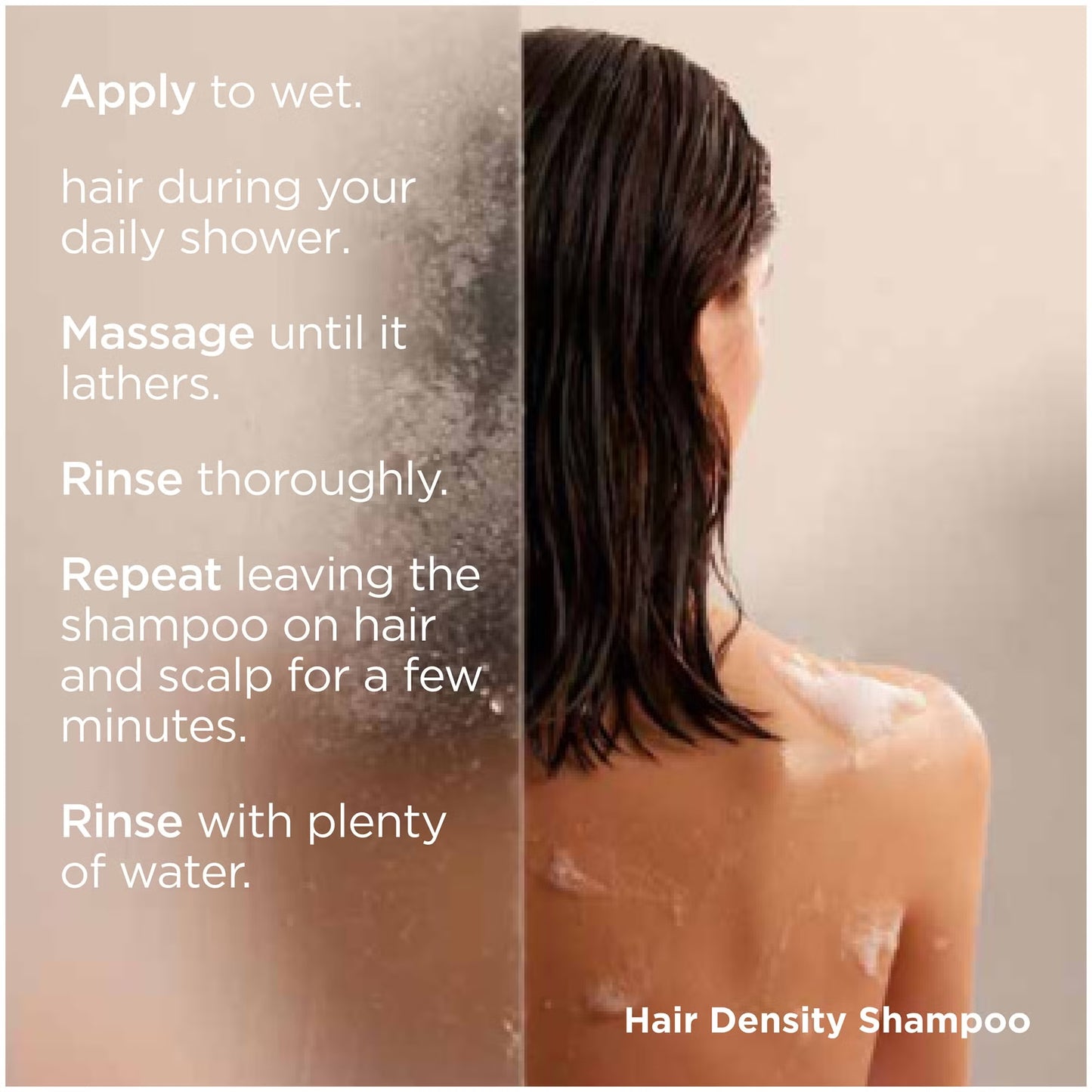 Person with wet hair applying shampoo, with text instructions on how to use hair density shampoo.