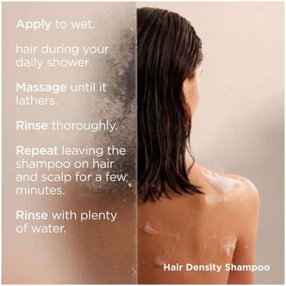Person with wet hair applying shampoo, with text instructions on how to use hair density shampoo.