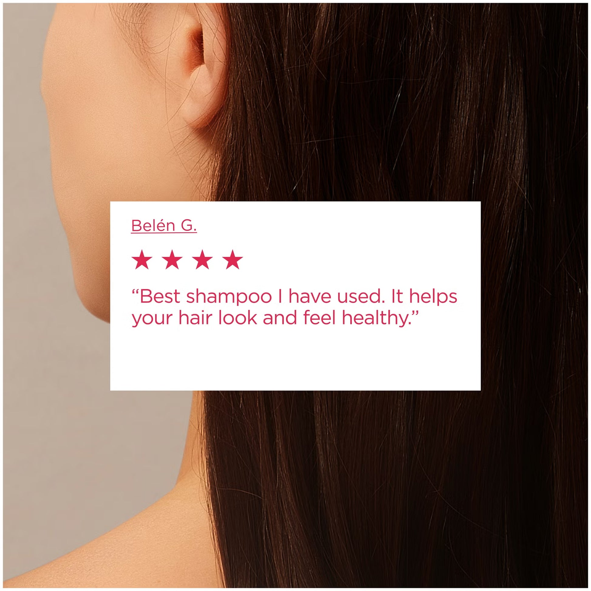 Close-up of a person with long dark hair, featuring a five-star rating text overlay.