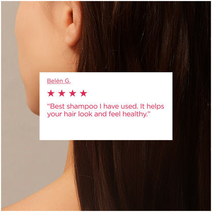 Close-up of a person with long dark hair, featuring a five-star rating text overlay.