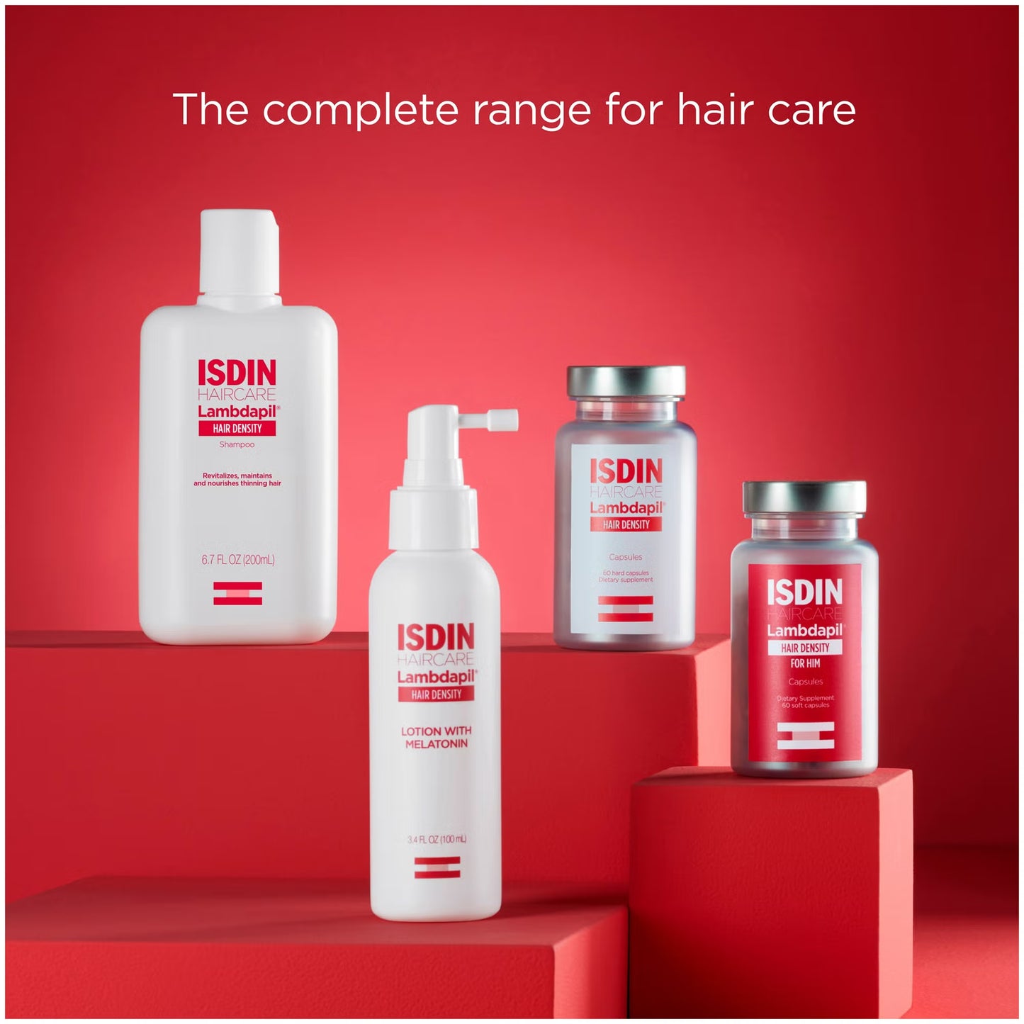 ISDIN hair care products on red platforms with a red background